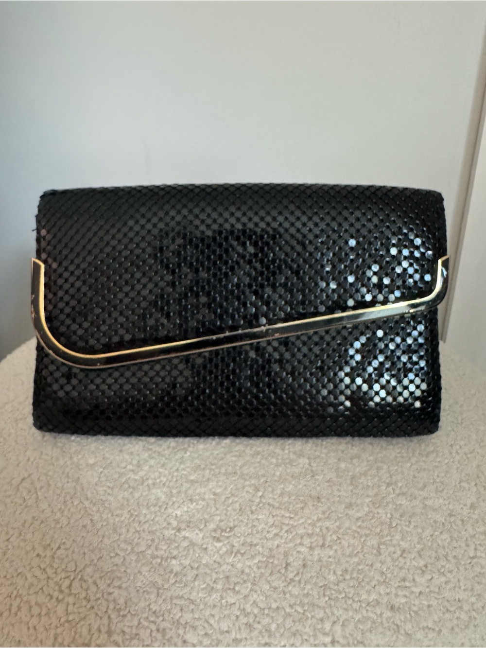 Vintage Elka Black Sequin Evening Clutch with Gold Trim